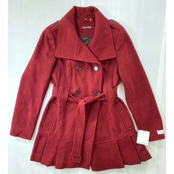 NEW CALVIN KLEIN Sz 2 Skirted Wool Trench Coat Pleated Double Breast Burgundy - Picture 3 of 9